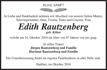 Traueranzeige von Edith Rautzenberg (geb. Kilian)  von Magdeburger Volksstimme