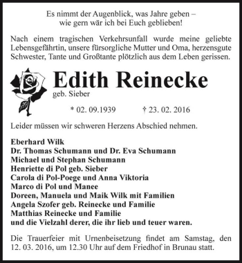 Traueranzeige von Edith Reinecke (geb. Sieber)  von Magdeburger Volksstimme