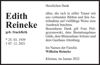 Traueranzeige von Edith Reineke (geb. Stackfleth)  von Magdeburger Volksstimme