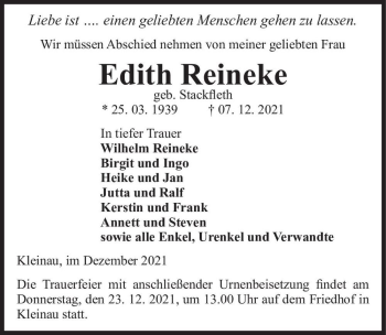 Traueranzeige von Edith Reineke (geb. Stackfleth)  von Magdeburger Volksstimme