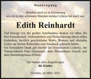 Traueranzeige von Edith Reinhardt  von Magdeburger Volksstimme