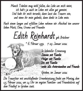 Traueranzeige von Edith Reinhardt (geb. Brückner)  von Magdeburger Volksstimme