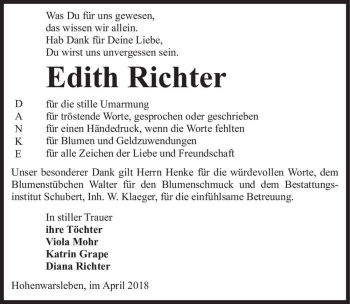 Traueranzeige von Edith Richter  von Magdeburger Volksstimme