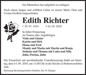 Traueranzeige von Edith Richter  von Magdeburger Volksstimme