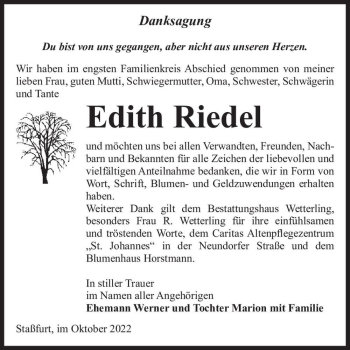 Traueranzeige von Edith Riedel  von Magdeburger Volksstimme