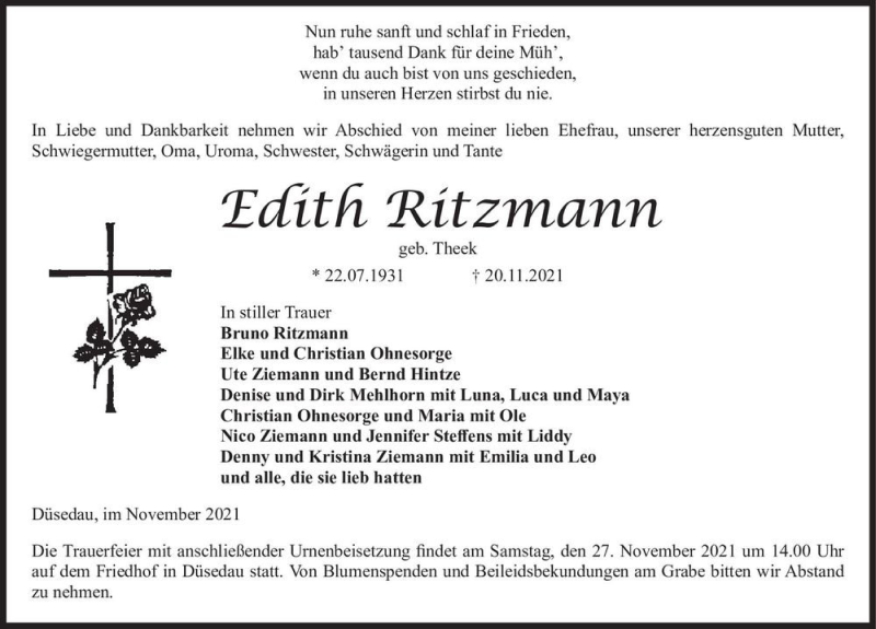  Traueranzeige für Edith Ritzmann (geb. Theek)  vom 24.11.2021 aus Magdeburger Volksstimme