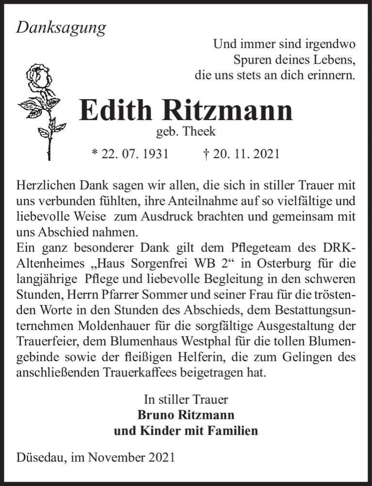  Traueranzeige für Edith Ritzmann (geb. Theek)  vom 11.12.2021 aus Magdeburger Volksstimme