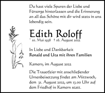 Traueranzeige von Edith Roloff  von Magdeburger Volksstimme