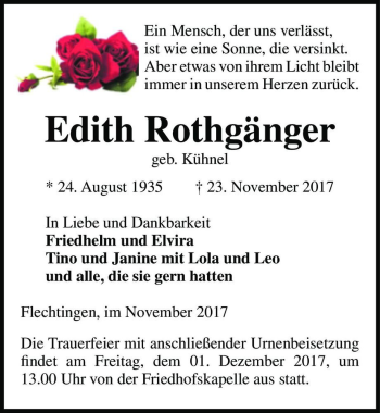 Traueranzeige von Edith Rothgänger (geb. Kühnel)  von Magdeburger Volksstimme