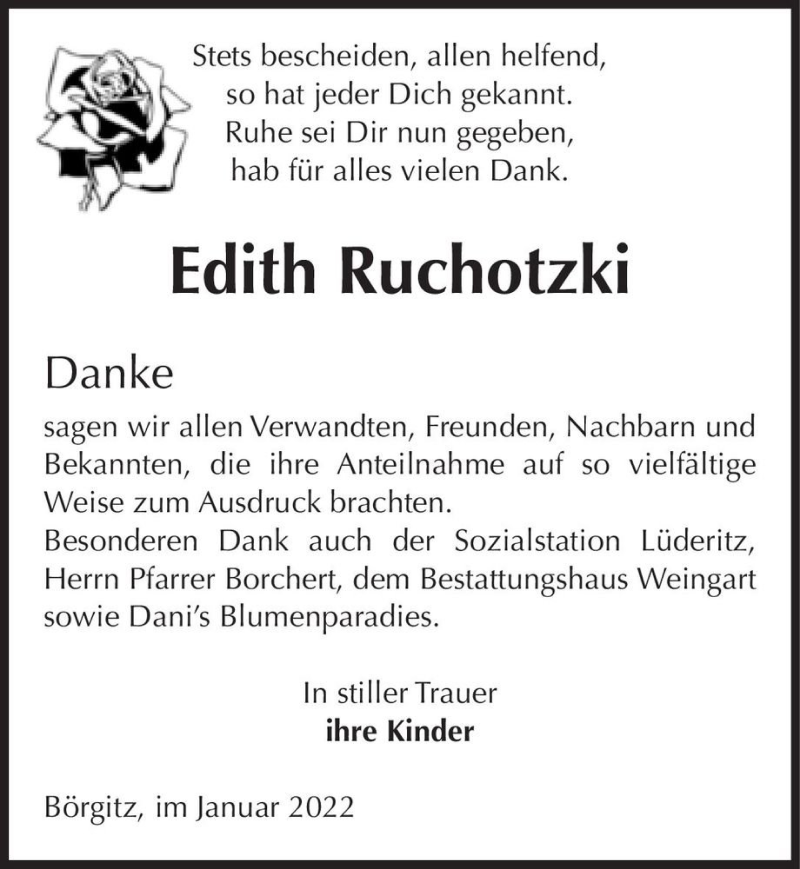  Traueranzeige für Edith Ruchotzki  vom 08.01.2022 aus Magdeburger Volksstimme
