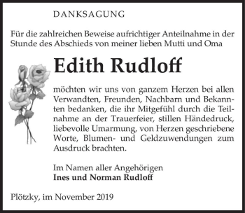 Traueranzeige von Edith Rudloff  von Magdeburger Volksstimme