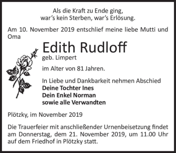 Traueranzeige von Edith Rudloff (geb. Limpert)  von Magdeburger Volksstimme
