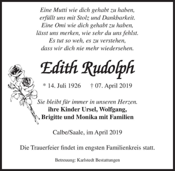 Traueranzeige von Edith Rudolph  von Magdeburger Volksstimme
