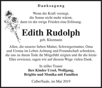 Traueranzeige von Edith Rudolph (geb. geb. Kleemann)  von Magdeburger Volksstimme