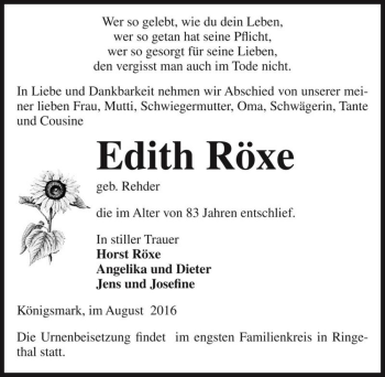 Traueranzeige von Edith Röxe (geb. Rehder)  von Magdeburger Volksstimme