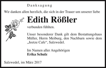 Traueranzeige von Edith Rößler  von Magdeburger Volksstimme
