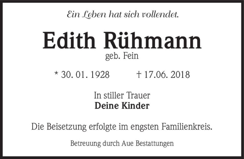 Traueranzeige für Edith Rühmann (geb. Fein)  vom 07.07.2018 aus Magdeburger Volksstimme