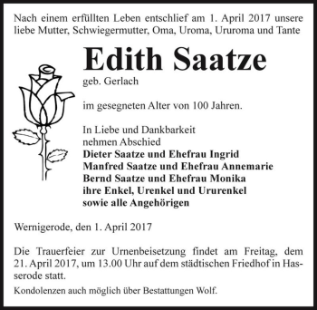 Traueranzeige von Edith Saatze (geb. Gerlach)  von Magdeburger Volksstimme