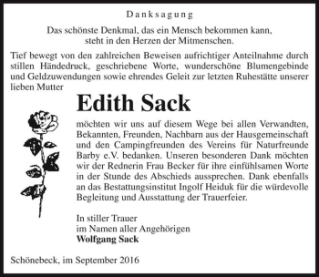 Traueranzeige von Edith Sack  von Magdeburger Volksstimme