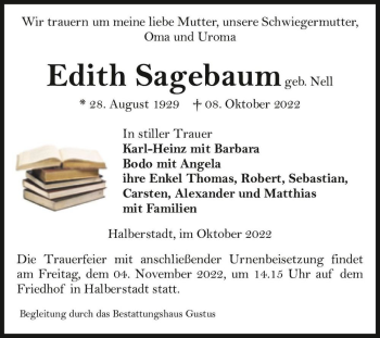 Traueranzeige von Edith Sagebaum (geb. Nell)  von Magdeburger Volksstimme
