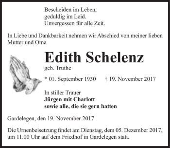 Traueranzeige von Edith Schelenz (geb. Truthe)  von Magdeburger Volksstimme