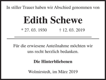 Traueranzeige von Edith Schewe  von Magdeburger Volksstimme