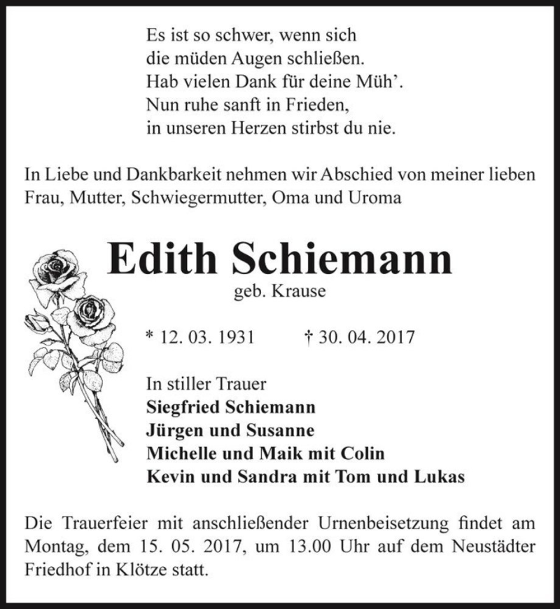  Traueranzeige für Edith Schiemann (geb. Krause)  vom 06.05.2017 aus Magdeburger Volksstimme