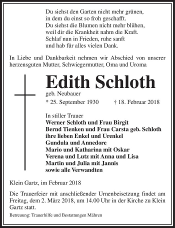 Traueranzeige von Edith Schloth (geb. Neubauer)  von Magdeburger Volksstimme