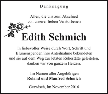 Traueranzeige von Edith Schmich  von Magdeburger Volksstimme