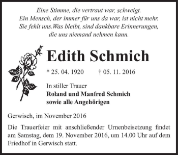 Traueranzeige von Edith Schmich  von Magdeburger Volksstimme