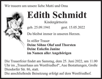 Traueranzeige von Edith Schmidt  von Magdeburger Volksstimme