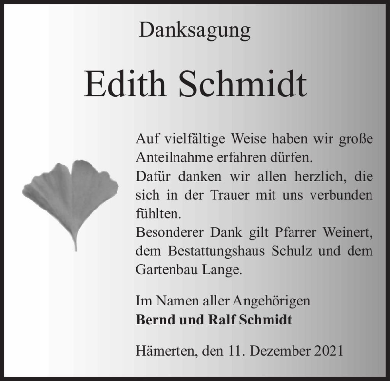  Traueranzeige für Edith Schmidt  vom 11.12.2021 aus Magdeburger Volksstimme