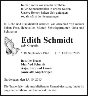 Traueranzeige von Edith Schmidt (geb. Grapatin)  von Magdeburger Volksstimme
