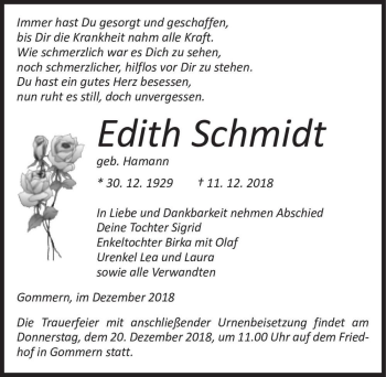 Traueranzeige von Edith Schmidt (geb. Hamann)  von Magdeburger Volksstimme