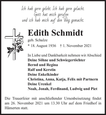 Traueranzeige von Edith Schmidt (geb. Schulze)  von Magdeburger Volksstimme