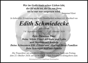 Traueranzeige von Edith Schmiedecke (geb. Thiem)  von Magdeburger Volksstimme