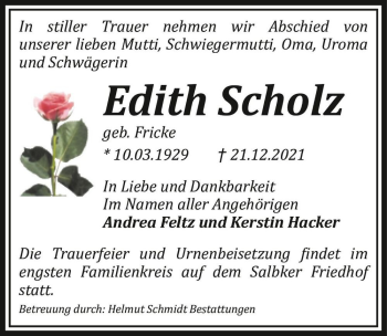 Traueranzeige von Edith Scholz (geb. Fricke)  von Magdeburger Volksstimme