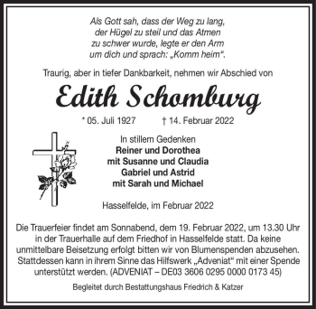 Traueranzeige von Edith Schomburg  von Magdeburger Volksstimme