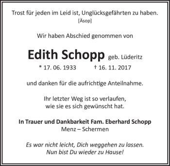 Traueranzeige von Edith Schopp (geb. Lüderitz)  von Magdeburger Volksstimme