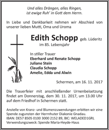 Traueranzeige von Edith Schopp  (geb. Lüderitz)  von Magdeburger Volksstimme