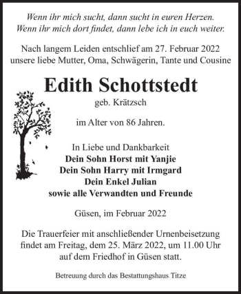 Traueranzeige von Edith Schottstedt (geb. Krätzsch)  von Magdeburger Volksstimme