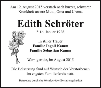 Traueranzeige von Edith Schröter  von Magdeburger Volksstimme