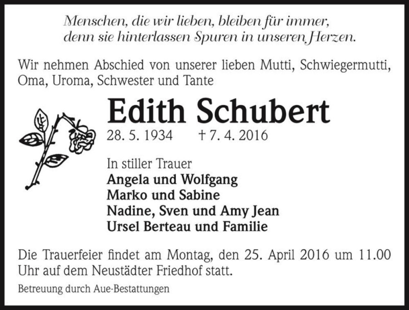  Traueranzeige für Edith Schubert  vom 09.04.2016 aus Magdeburger Volksstimme