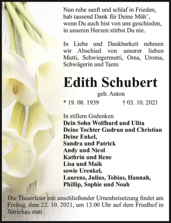 Traueranzeige von Edith Schubert (geb. Anton)  von Magdeburger Volksstimme