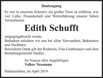 Traueranzeige von Edith Schufft  von Magdeburger Volksstimme