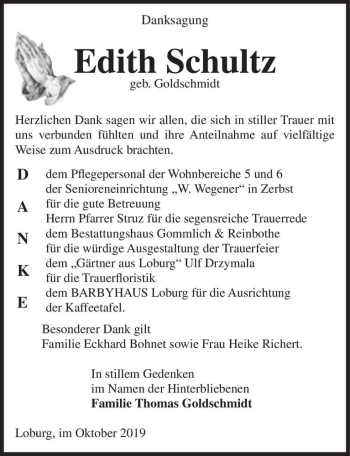 Traueranzeige von Edith Schultz (geb. Goldschmidt)  von Magdeburger Volksstimme
