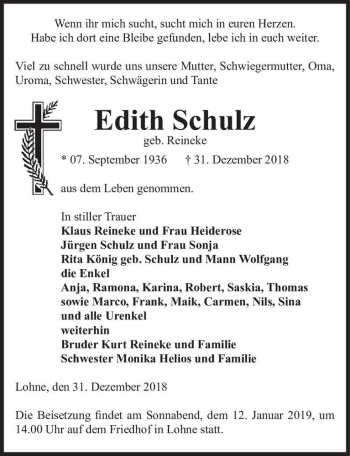 Traueranzeige von Edith Schulz (geb. Reineke)  von Magdeburger Volksstimme