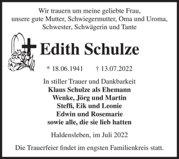 Traueranzeige von Edith Schulze  von Magdeburger Volksstimme