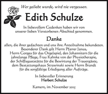 Traueranzeige von Edith Schulze  von Magdeburger Volksstimme