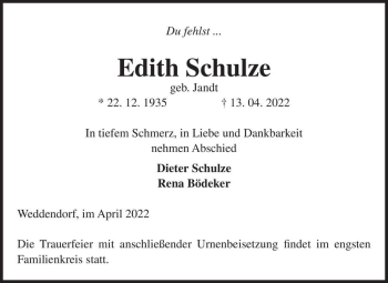 Traueranzeige von Edith Schulze (geb. Jandt)  von Magdeburger Volksstimme